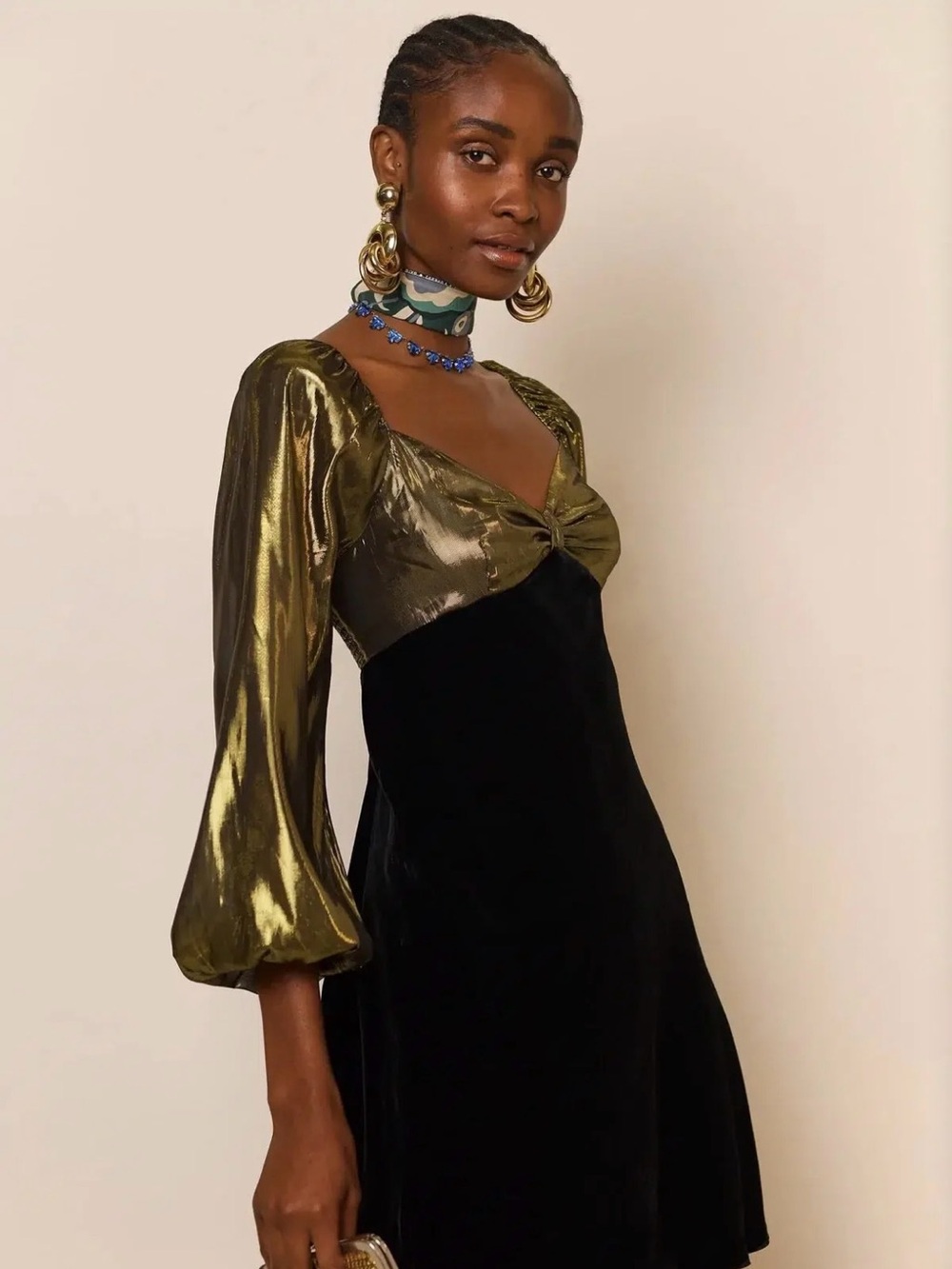 RIXO Paris Mix Dress Metallic Gold Silk-Velvet Size M NWT